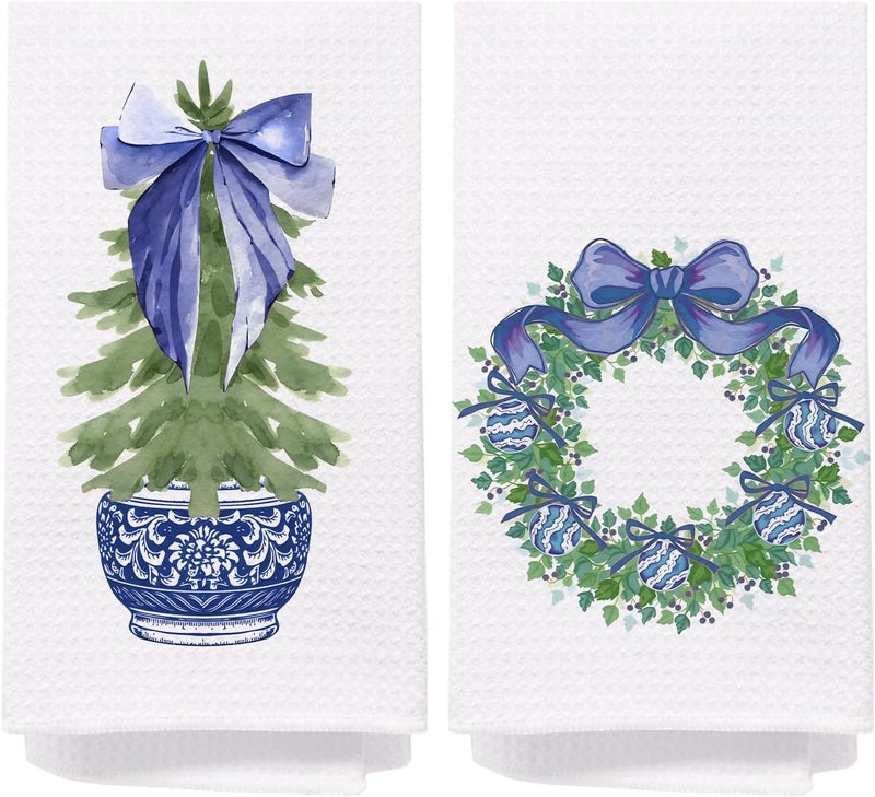 SPBL&L Chinoiserie Christmas Kitchen Towels,Blue and White Porcelain Chinoiserie Christmas Tree Hand Towels for Bathroom,Christmas Dish Towels for Kitchen, Christmas Kitchen Bathroom Decor,16x24 Inch - Image 1